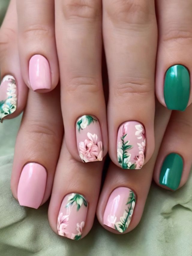 A woman's pink and green nail design with flowers.