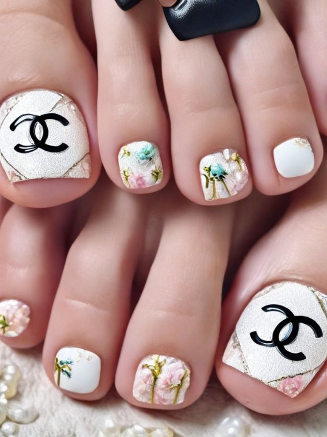 Chanel toe nails with flowers and chanel logo.