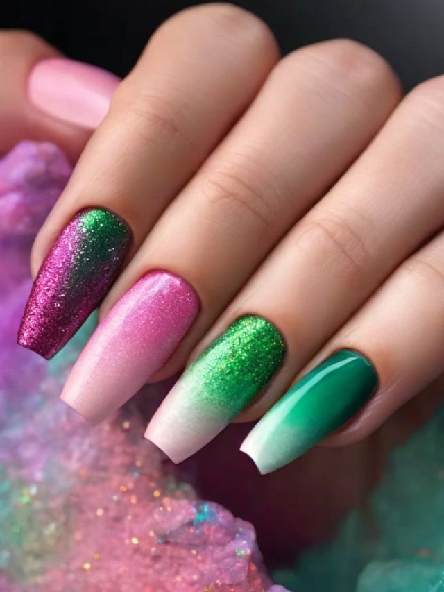 A hand with a vibrant pink and green nail design.