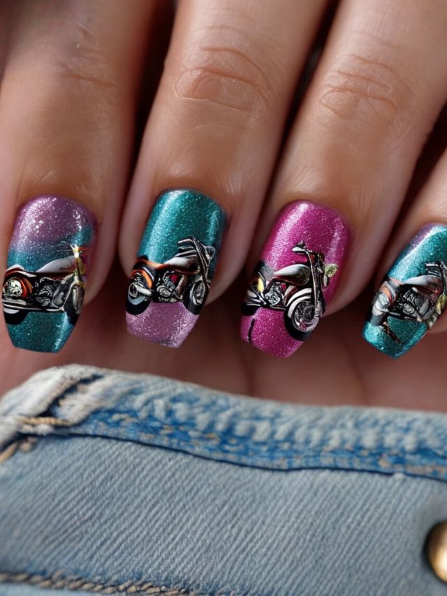 A woman's nails with a motorcycle design inspired by Ninja Turtle.