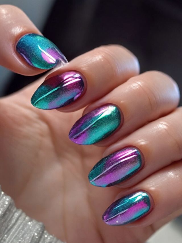 A woman's hand showcasing stunning mirror nail designs with purple, blue, and green holographic shades.