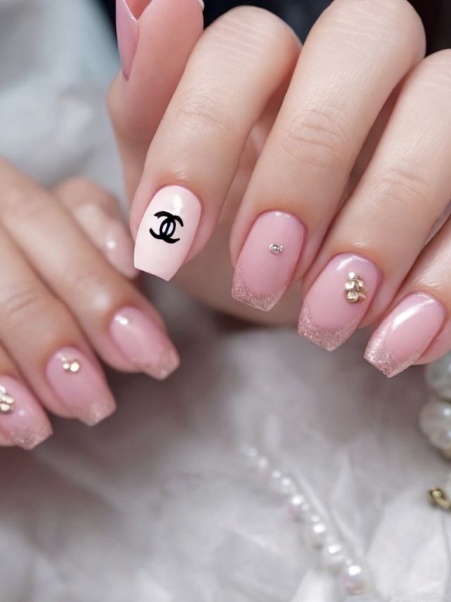 A woman with cute pink nails featuring a Chanel logo.