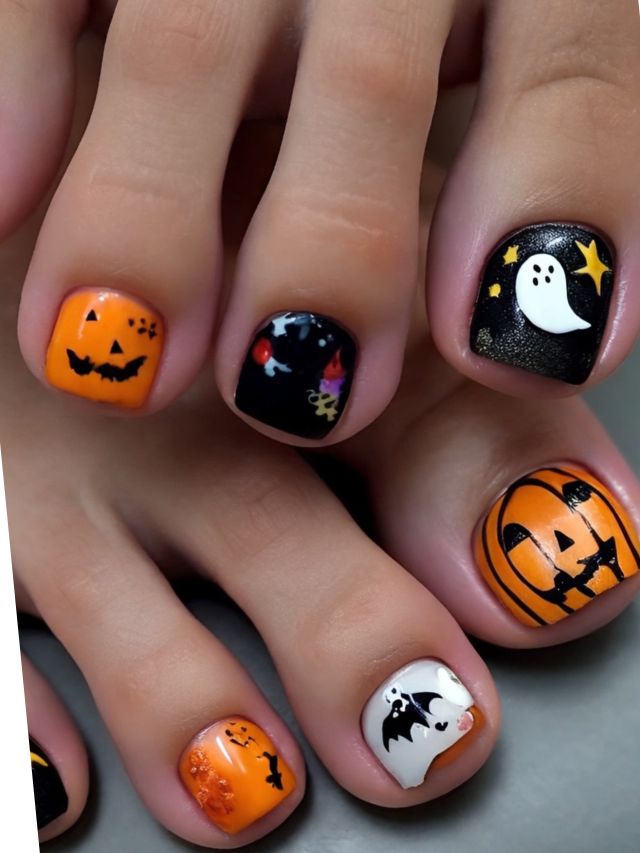 A woman's toes are adorned with cute halloween nail art inspired by fall.