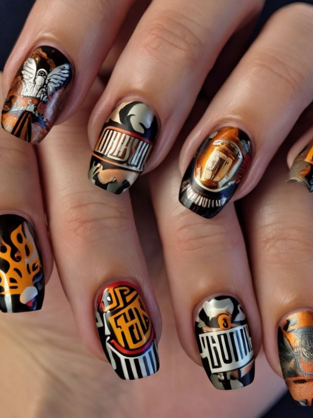 A woman's nails are decorated with orange and black Ninja Turtle inspired designs.