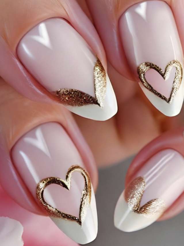 A woman's pink and gold nails with hearts on them.