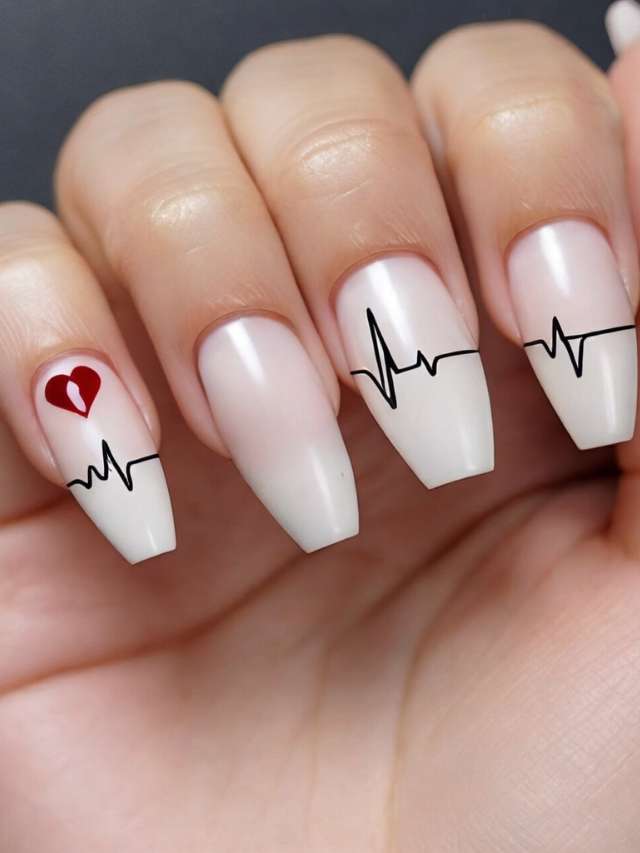 A woman holding a white nail with an ecg line on it.