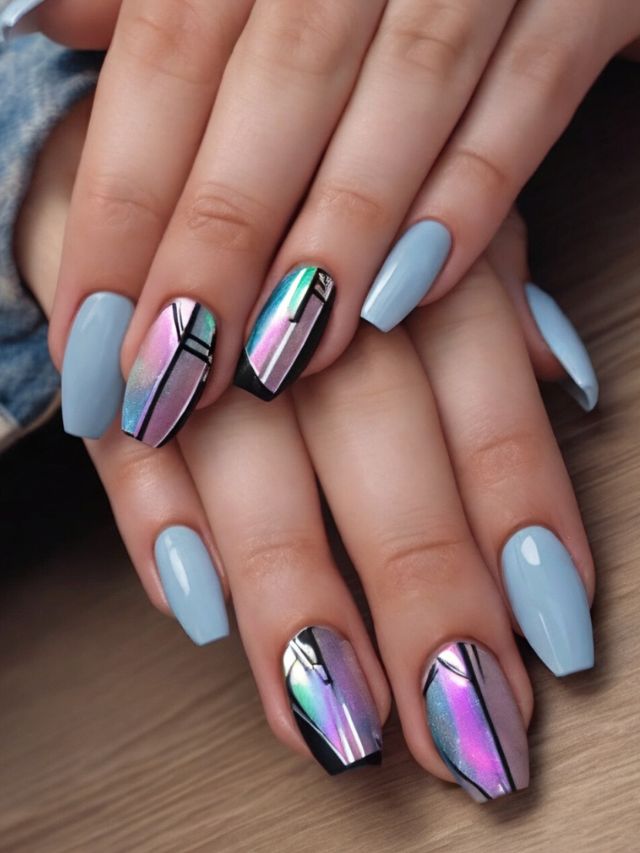 A woman's hands adorned with holographic nail designs in shades of blue, reflecting a mirror-like finish.