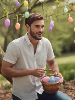 A man sitting under a tree holding a basket of easter eggs.
