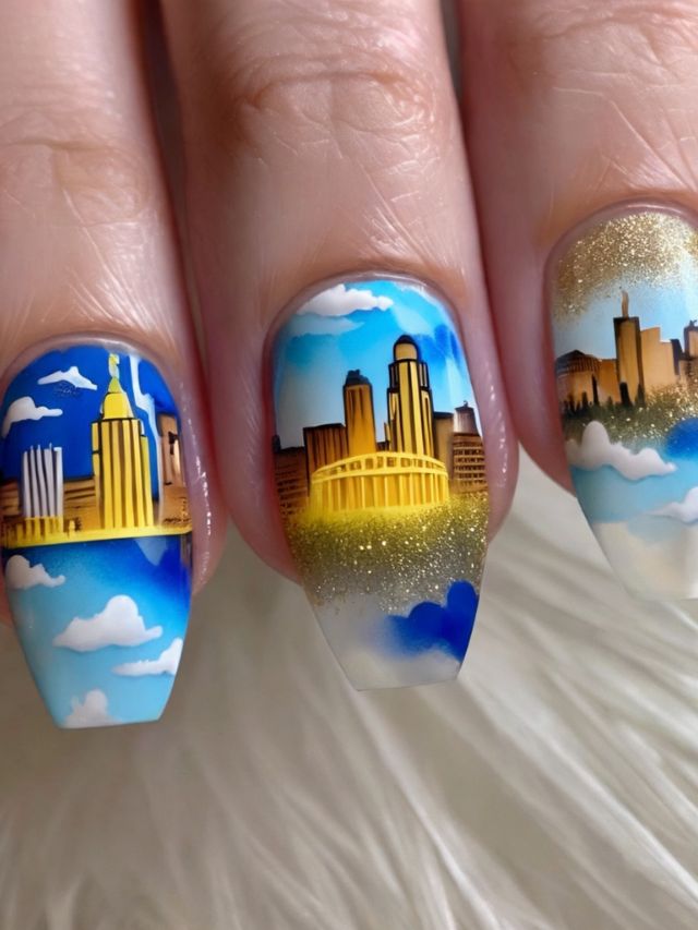 A kansas city chiefs nail design with a city and buildings.