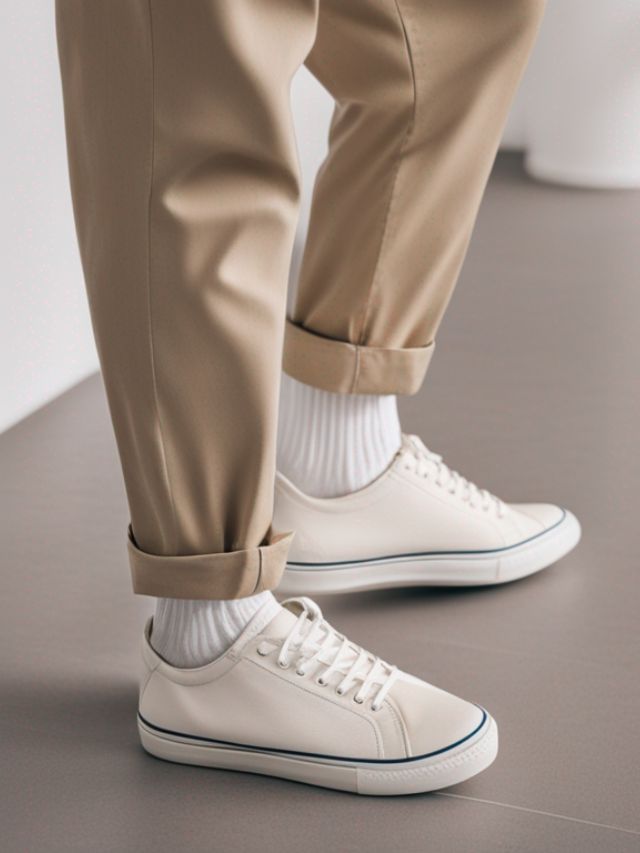 A person wearing white shoes and tan pants.