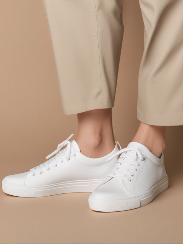 A woman wearing white sneakers and tan pants.