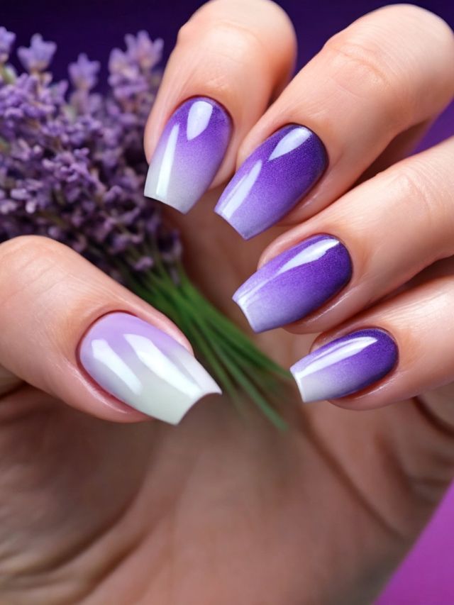 A woman's hand with purple nails adorned with delicate lavender flowers, perfect for a wedding.