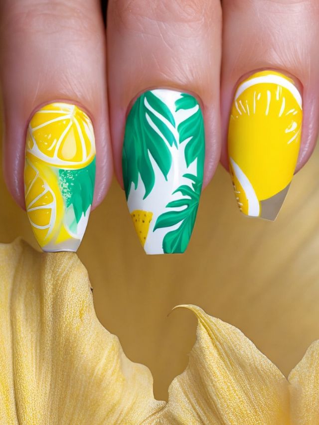 A woman's nails are decorated with lemons and leaves.