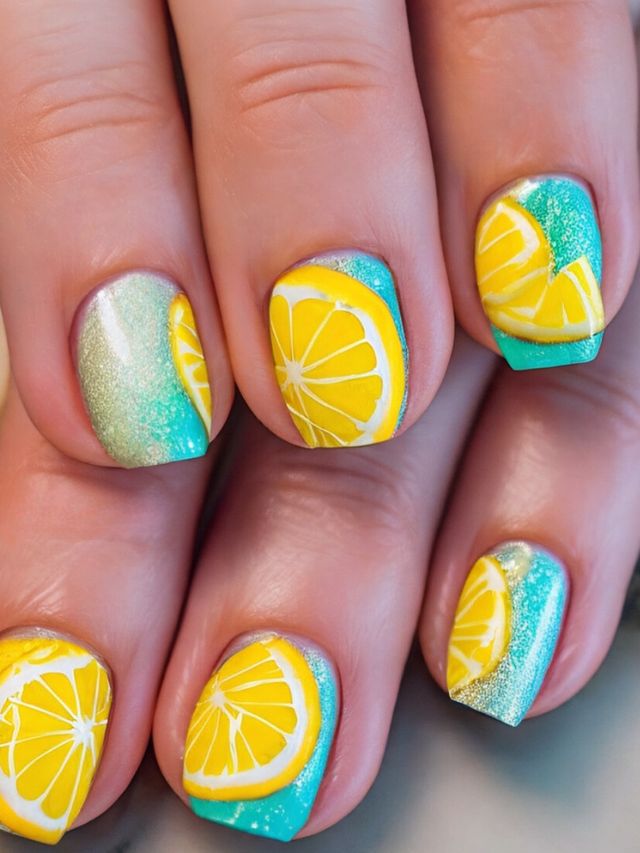 A woman's nails with lemon slices on them.