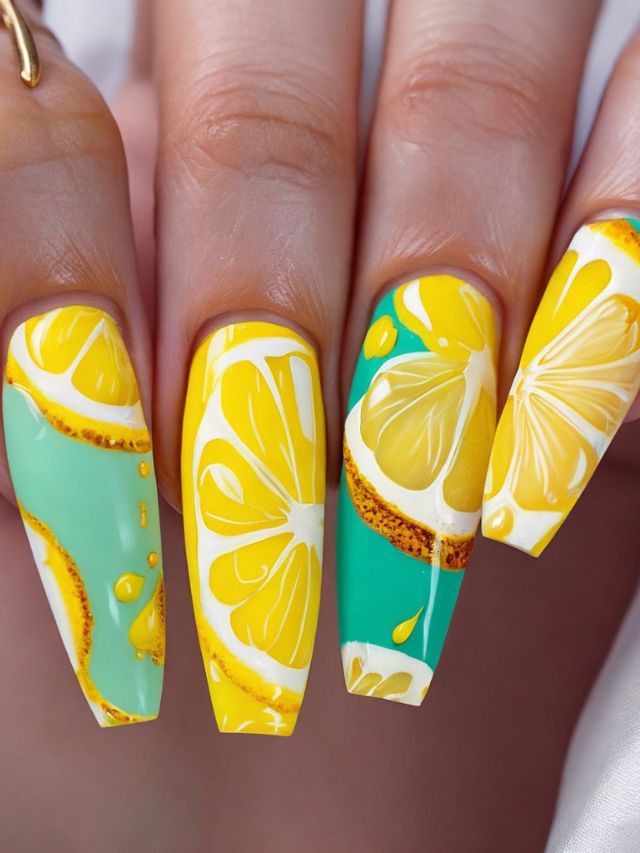 A woman's nails with lemon slices on them.