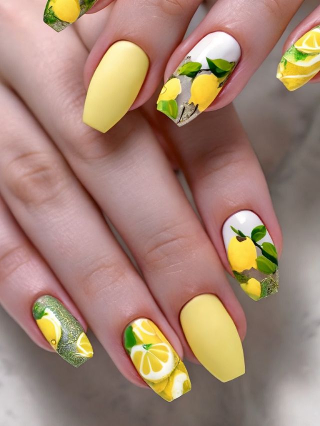 A woman is holding a yellow nail with lemons on it.