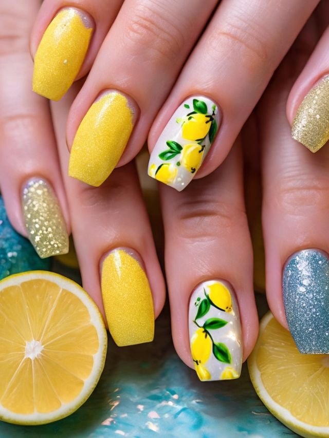 A woman's nails are decorated with lemons and lemon slices.