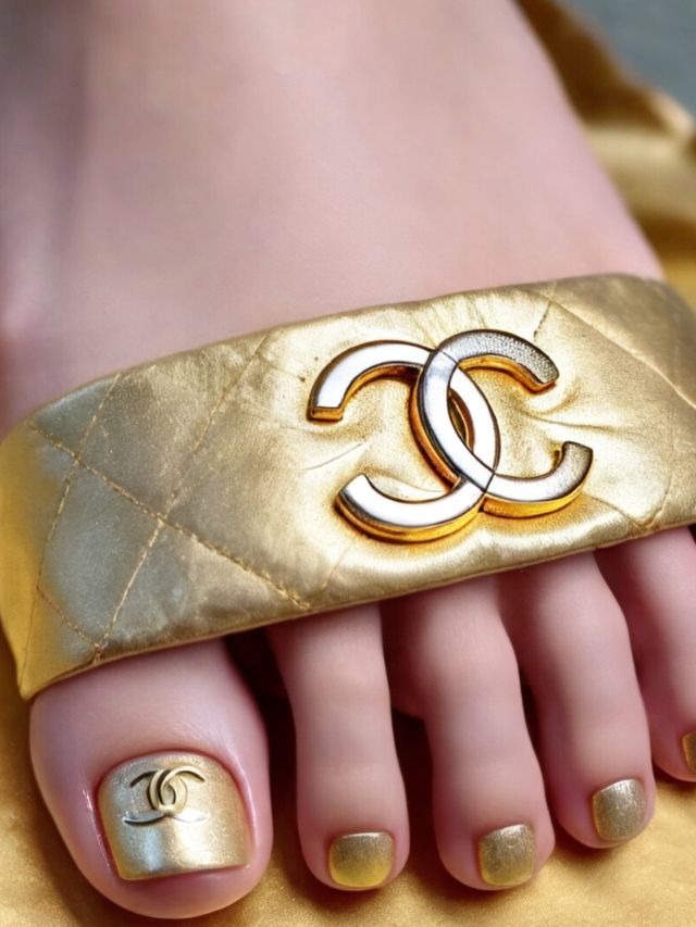 A woman's toes with gold nail polish and a chanel logo.
