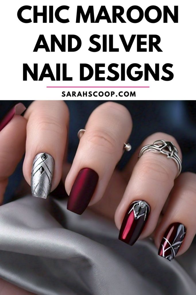 Chic maroon and silver nail designs.