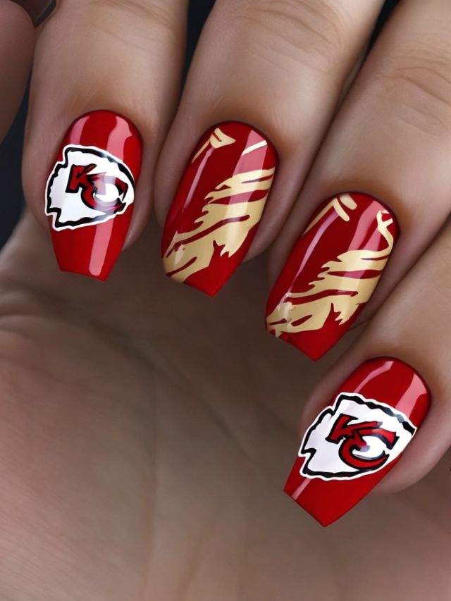 Kansas City Chiefs nail art featuring nail designs inspired by the Chiefs. Perfect for fans of the team looking to show off their support with stylish and eye-catching nails.