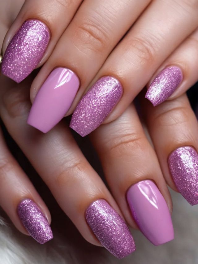 A woman's hands with purple glitter nails.