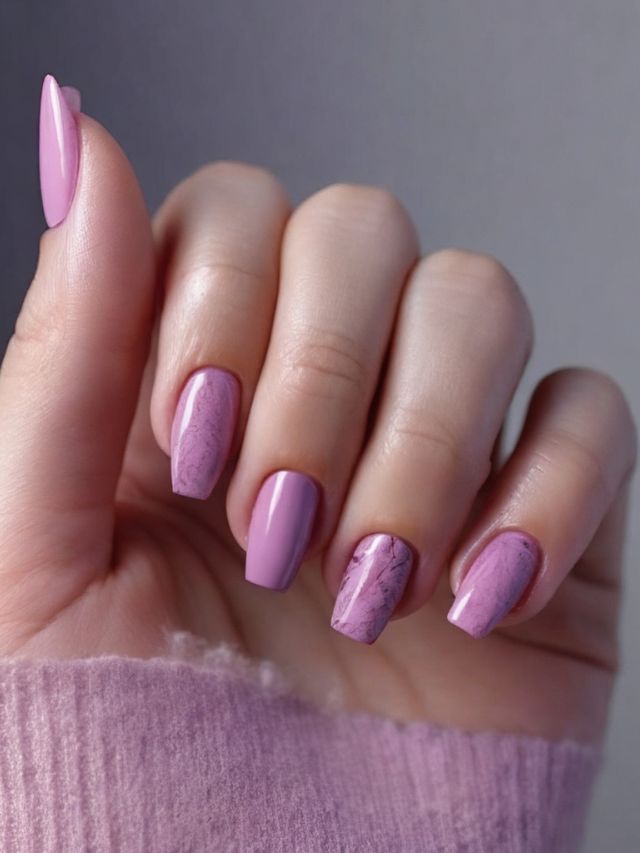 A woman's hand holding a pink and purple manicure.