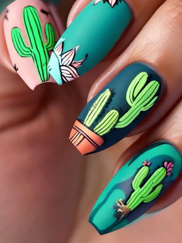Get ready to express your creativity with these unique cactus nail designs. Each nail is adorned with intricate cactus motifs, making it a perfect choice for anyone who loves innovative nail art.