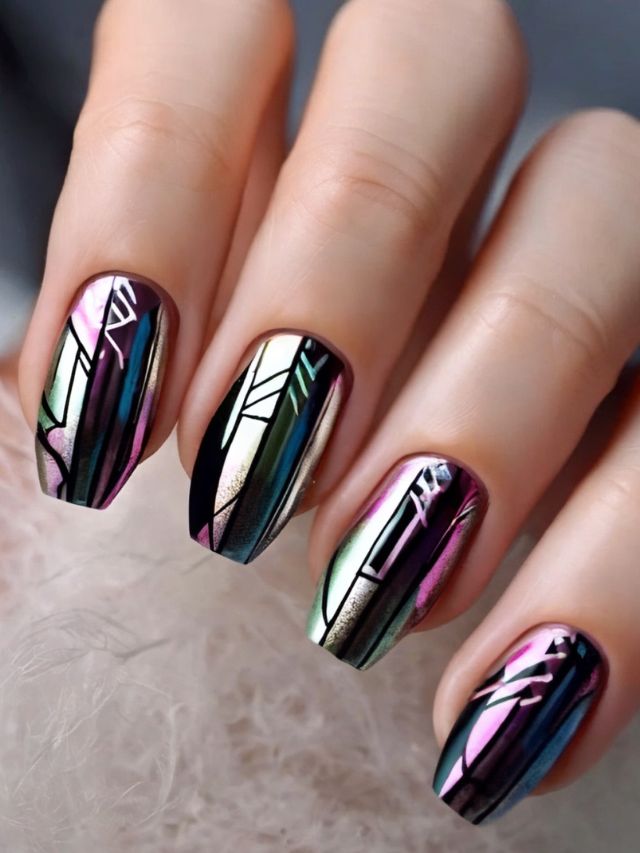 A woman's hand with a stunning and colorful mirror nail design.