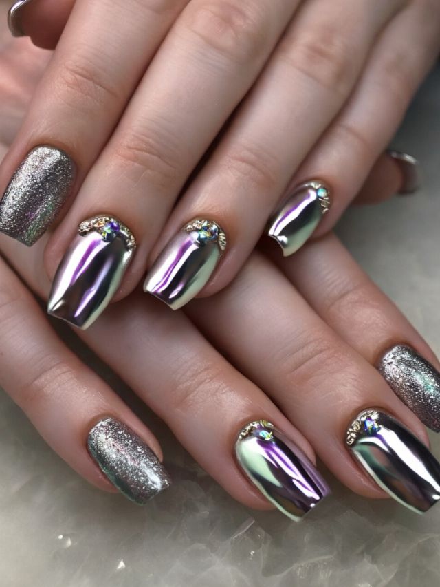 A woman's hands adorned with stunning silver and gold nails, showcasing captivating mirror nail designs.
