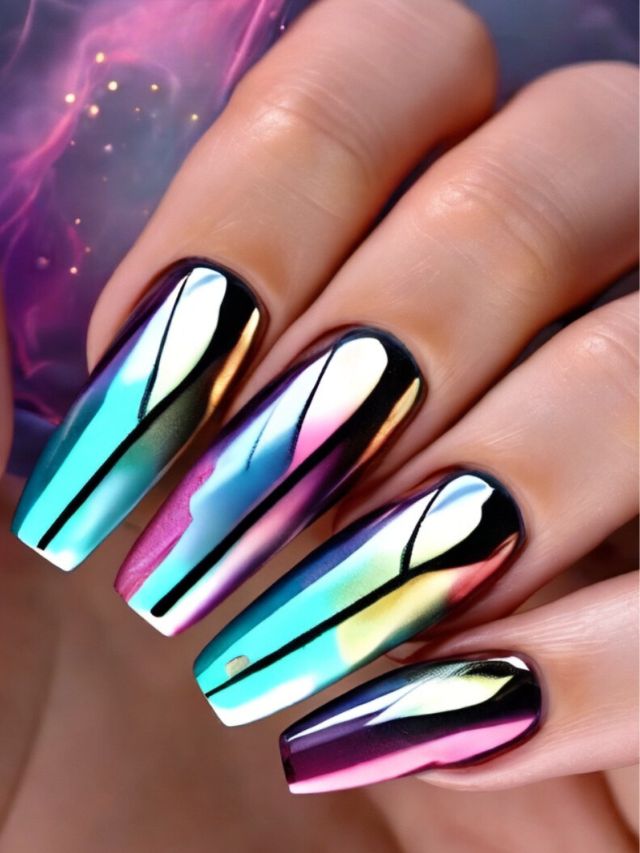 Stunning colorful holographic mirror nail designs on a woman's hand.