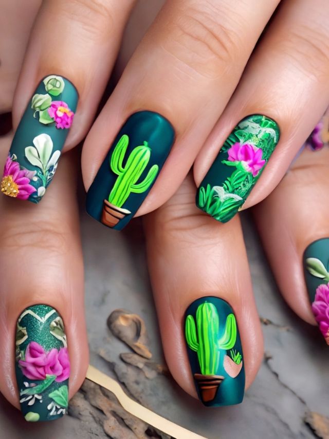 A woman's nails are creatively adorned with cactus and flowers.