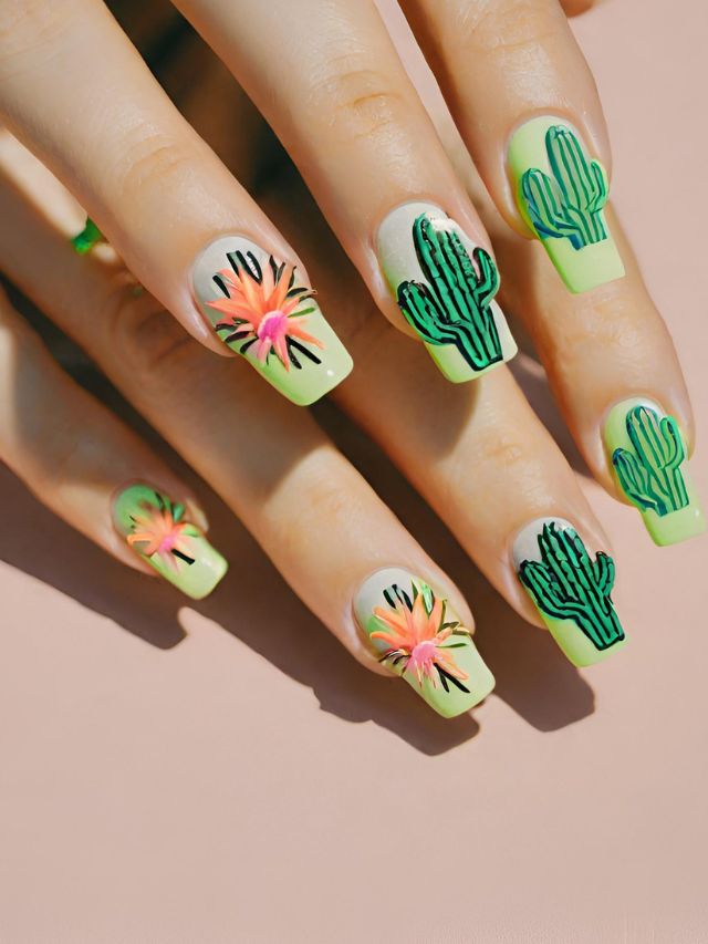A woman's nails adorned with creative cactus designs.