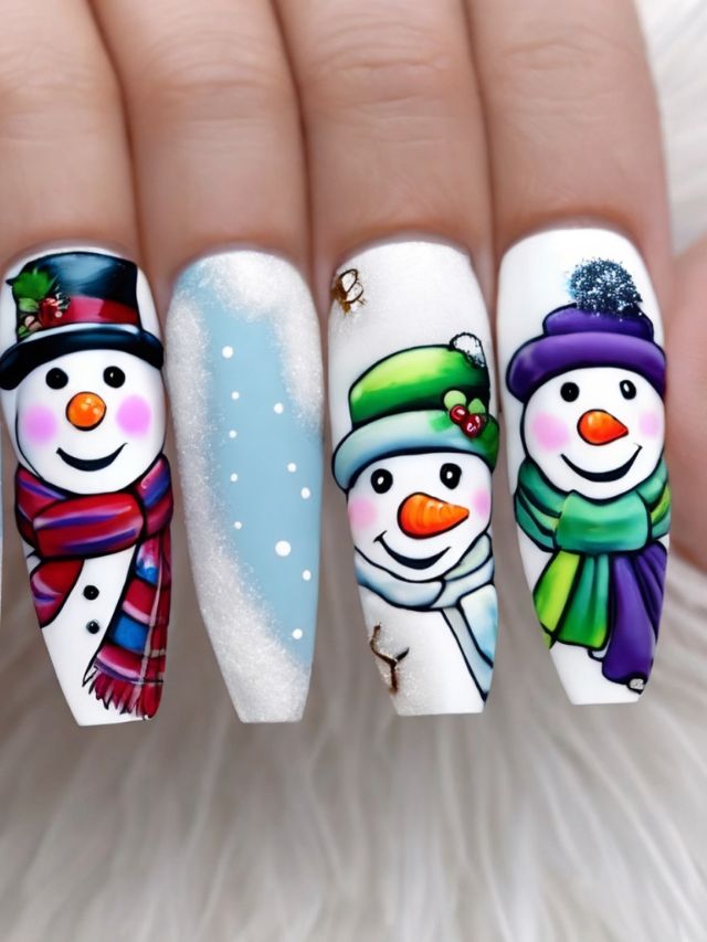 A woman's nails are creatively adorned with cute snowmen and stylish hats for a fun winter nail design.