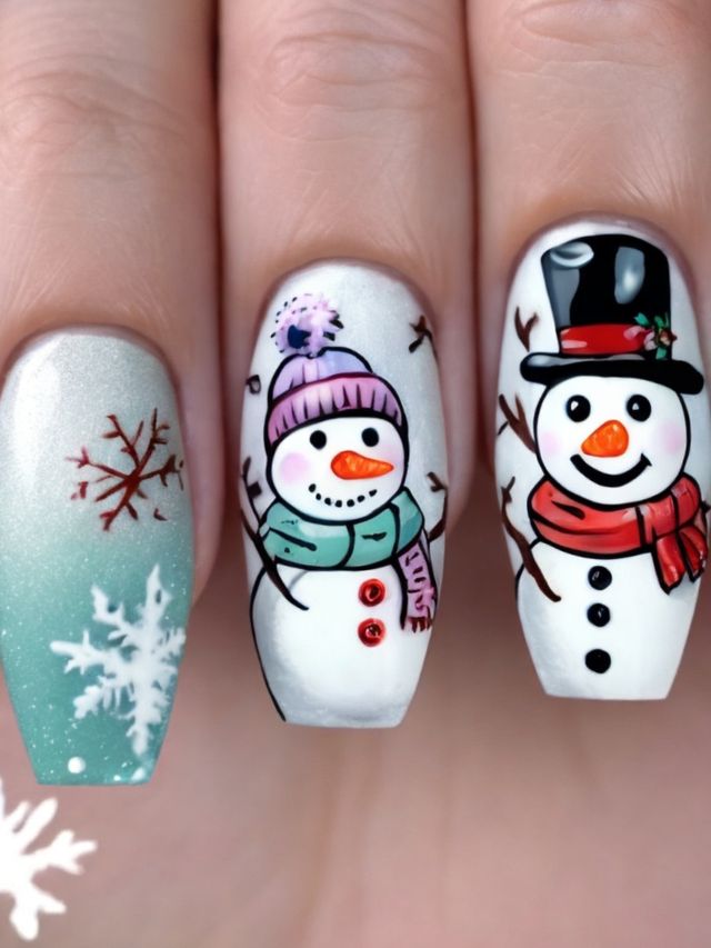 A woman's nails are decorated with snowmen and snowflakes in a creative and festive nail design.
