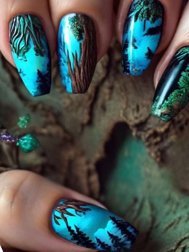 A woman's hand with a blue nail design with trees on it.