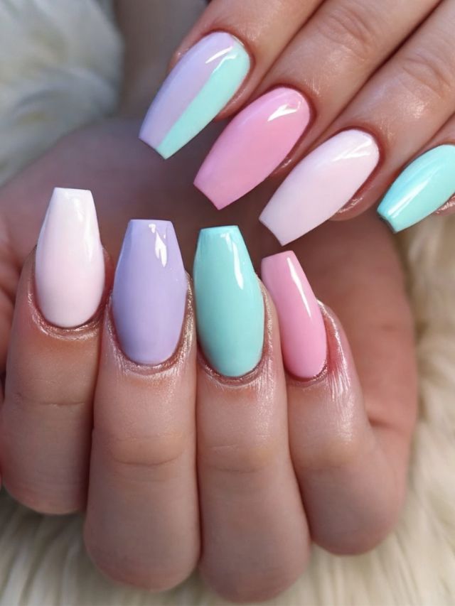 A woman's hand with pastel colored acrylic nails.