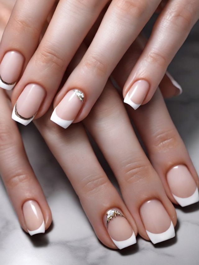 A woman's hands with white nails and diamond accents.