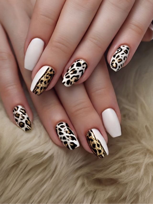 A woman's hands with leopard print nail art.