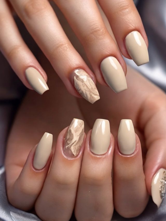 A woman's hands with beige and gold nails.