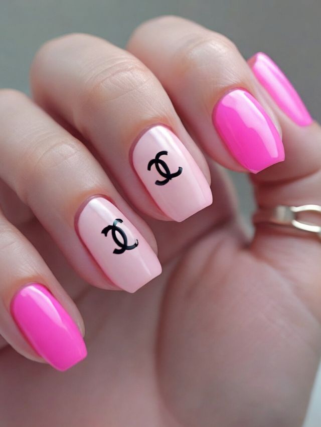 Cute pink and black nails with Chanel logo design.