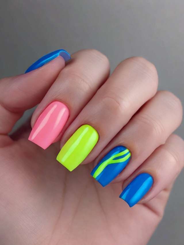 A woman's hand with neon blue and blue nails.