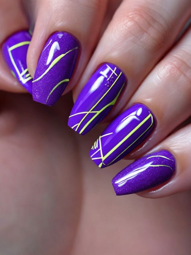 Purple nails with yellow lines, perfect for nail design ideas.