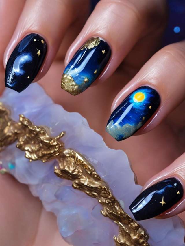 A woman's nails with stars and moons on them.