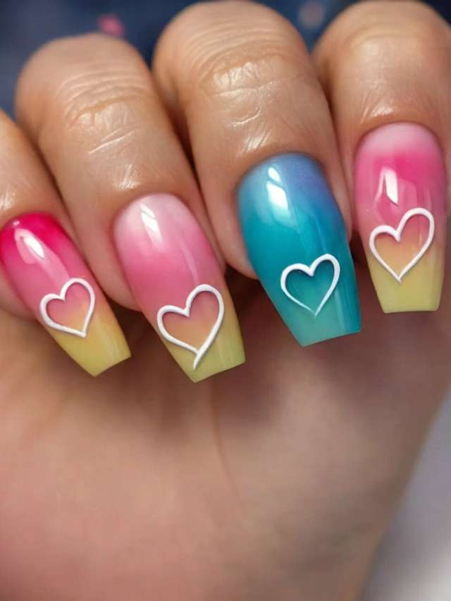 A woman's pink and blue nails with hearts on them.