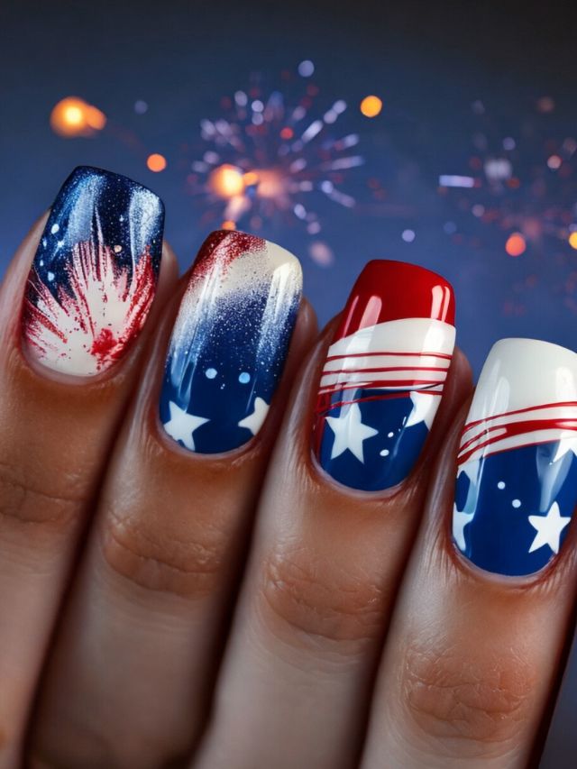 4th of July nail art designs featuring cute and festive patriotic themes.