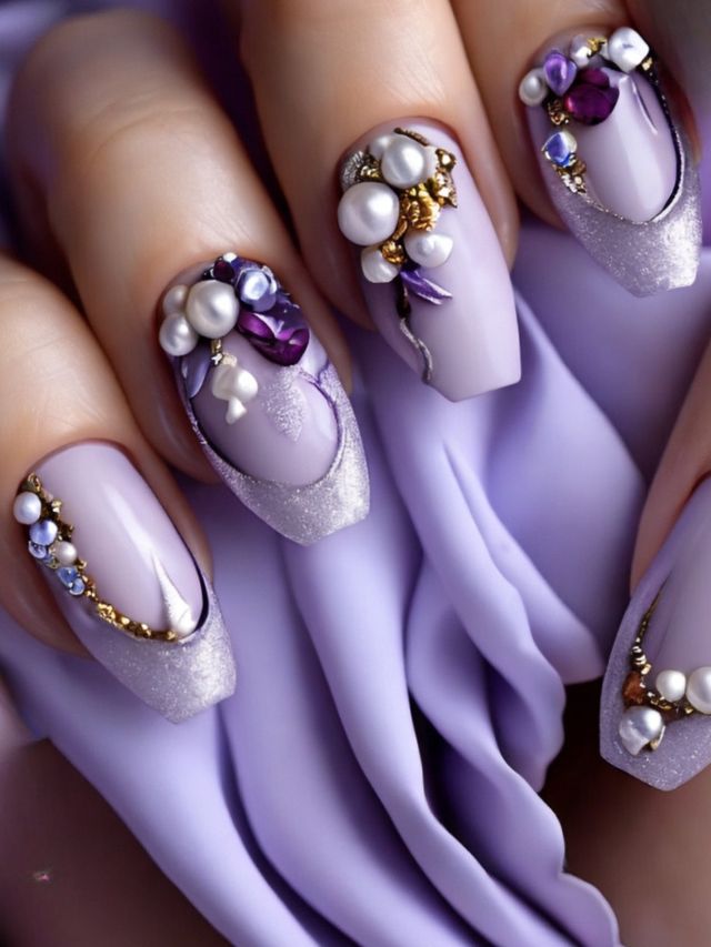 A woman's nails are adorned with pearls and decorated with jewels.