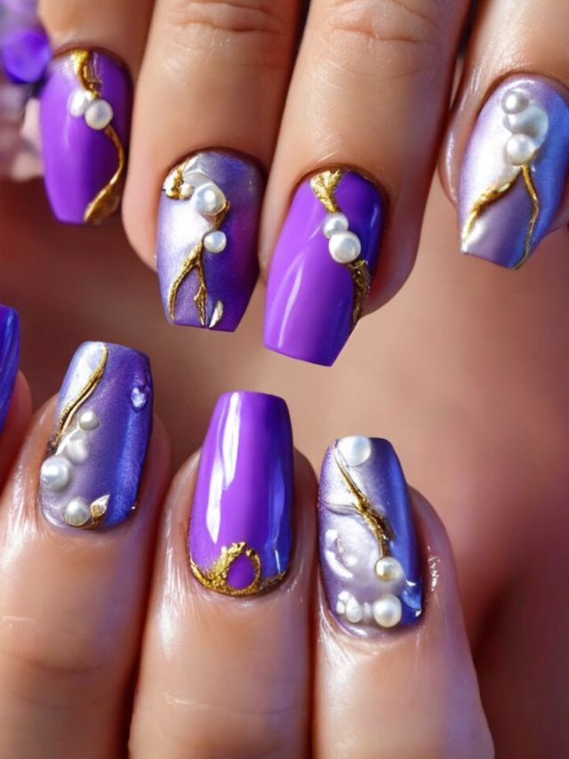Elegant purple and gold wedding nail designs adorned with delicate pearls.