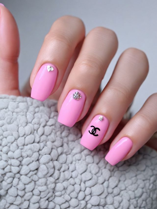 Pink nails with Chanel logo designs.
