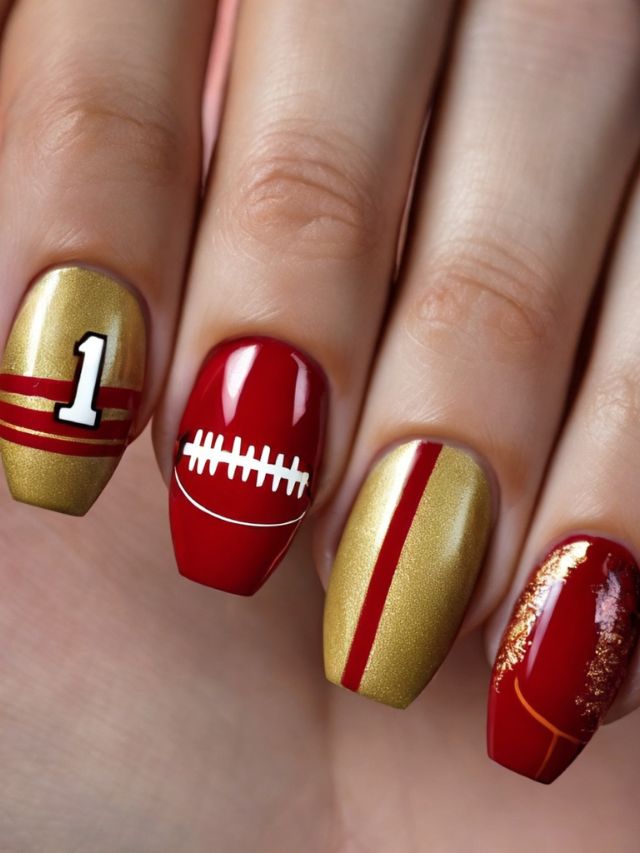 San Francisco 49ers nail art with Kansas City Chiefs nail designs.