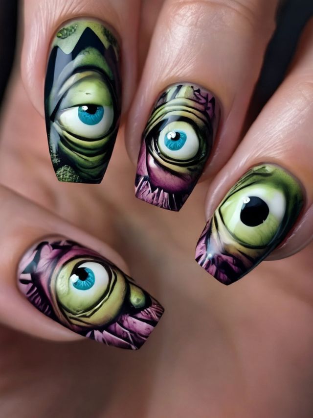 A woman's nails with zombie eyes painted on them.